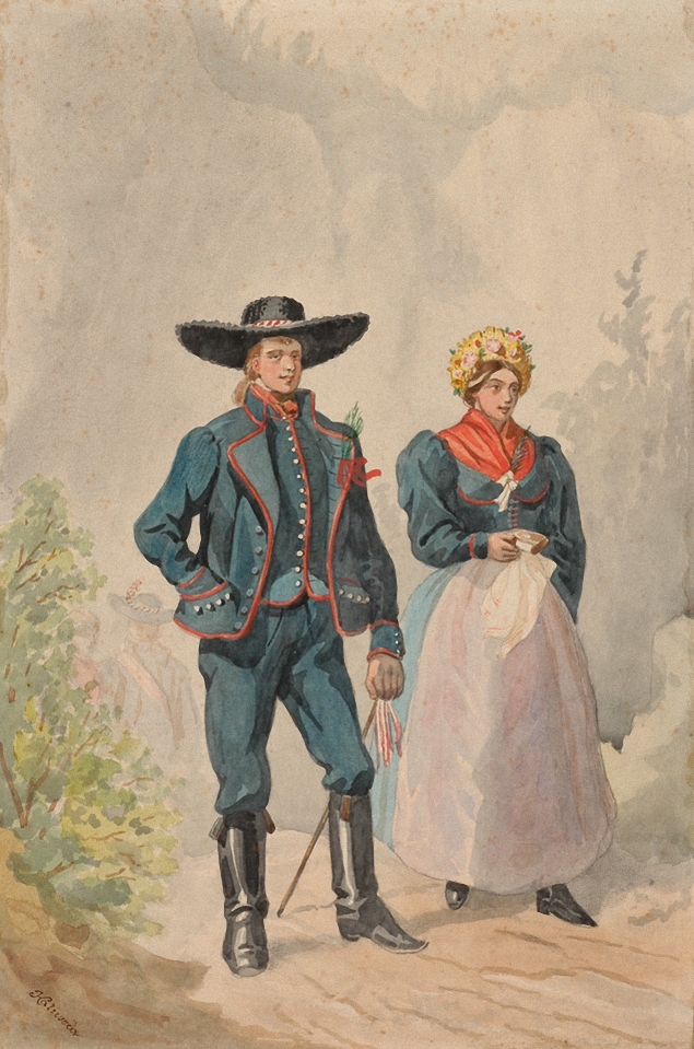 Couple Wearing Austrian National Costumes by Franz Kaliwoda, c.1850